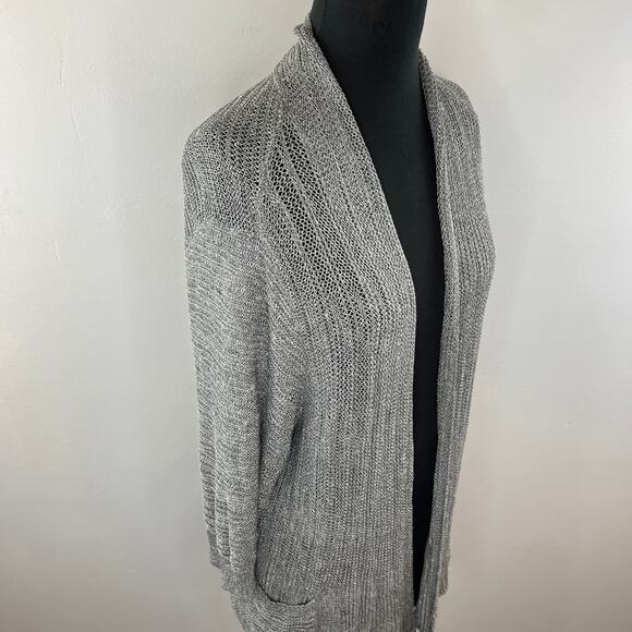 Eileen Fisher Gray Silver Open-Knit Midi Long Sleeve Pocket Cardigan Plus 1X - Picture 3 of 7